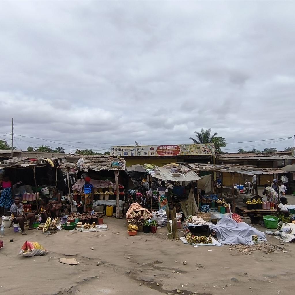 Lebhafter afrikanischer Straßenmarkt mit vielen Ständen und Menschen unter bewölktem Himmel.